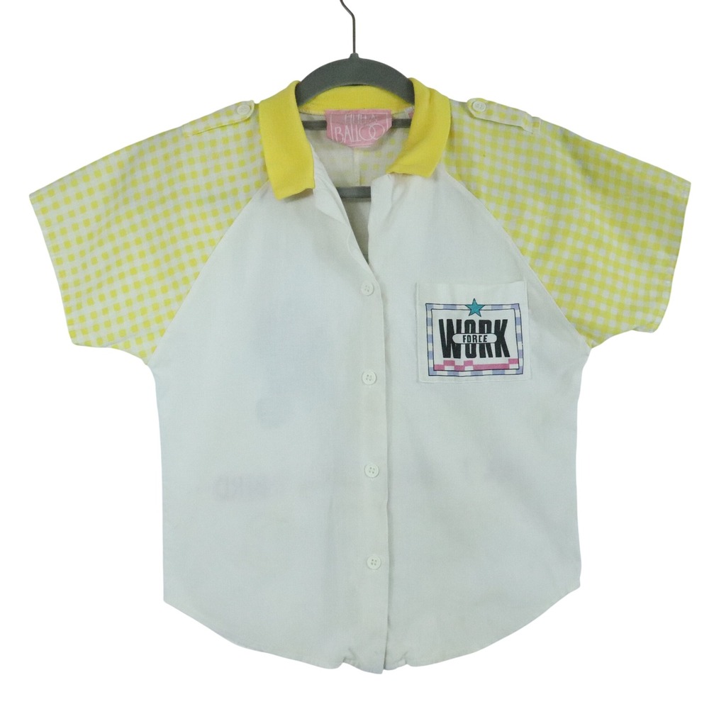 80s Hulla Balloo Rockabilly Style Kids Button Up 50s Graphic Shirt Yellow Sz 12